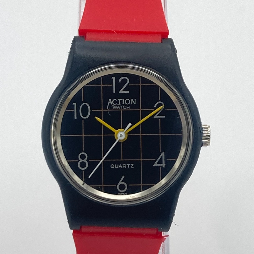 Vintage Action Women's Watch 25mm Red Black Grid Dial New Battery SMALL 7.25"